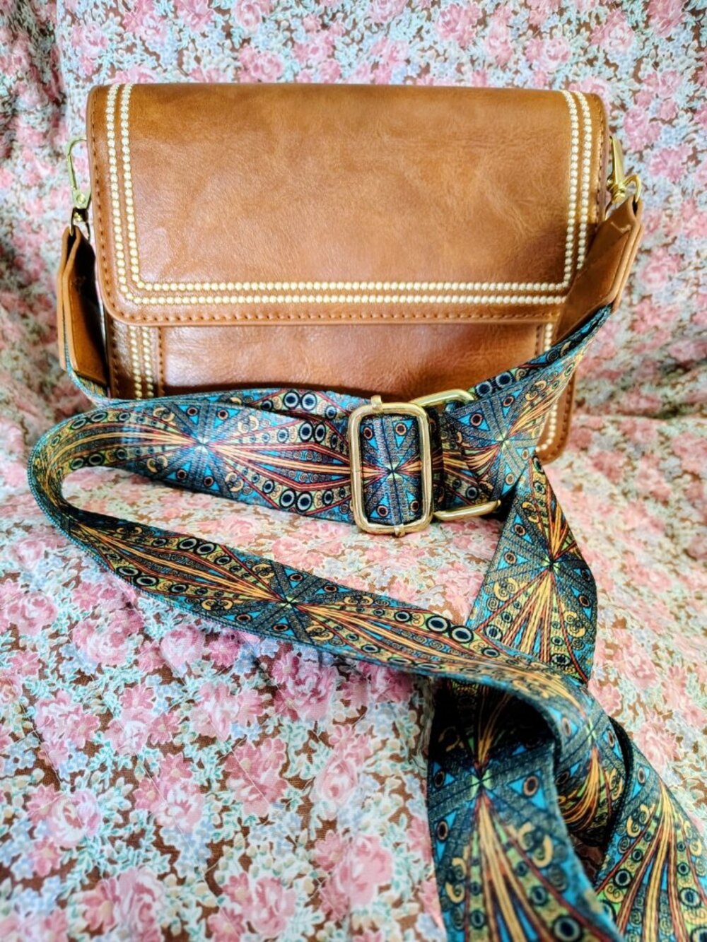 NWOT Brown Leather Crossbody Bag Teal Camera Strap